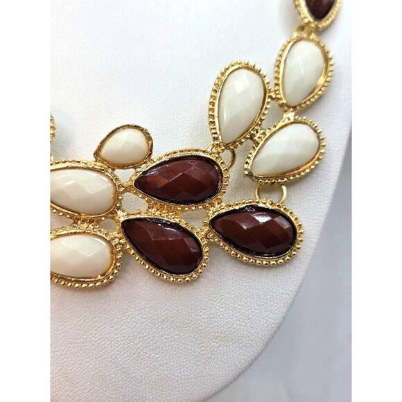 Gold Tone Statement Necklace With Brown & Cream Teardrop Resin Stones - Picture 2 of 3